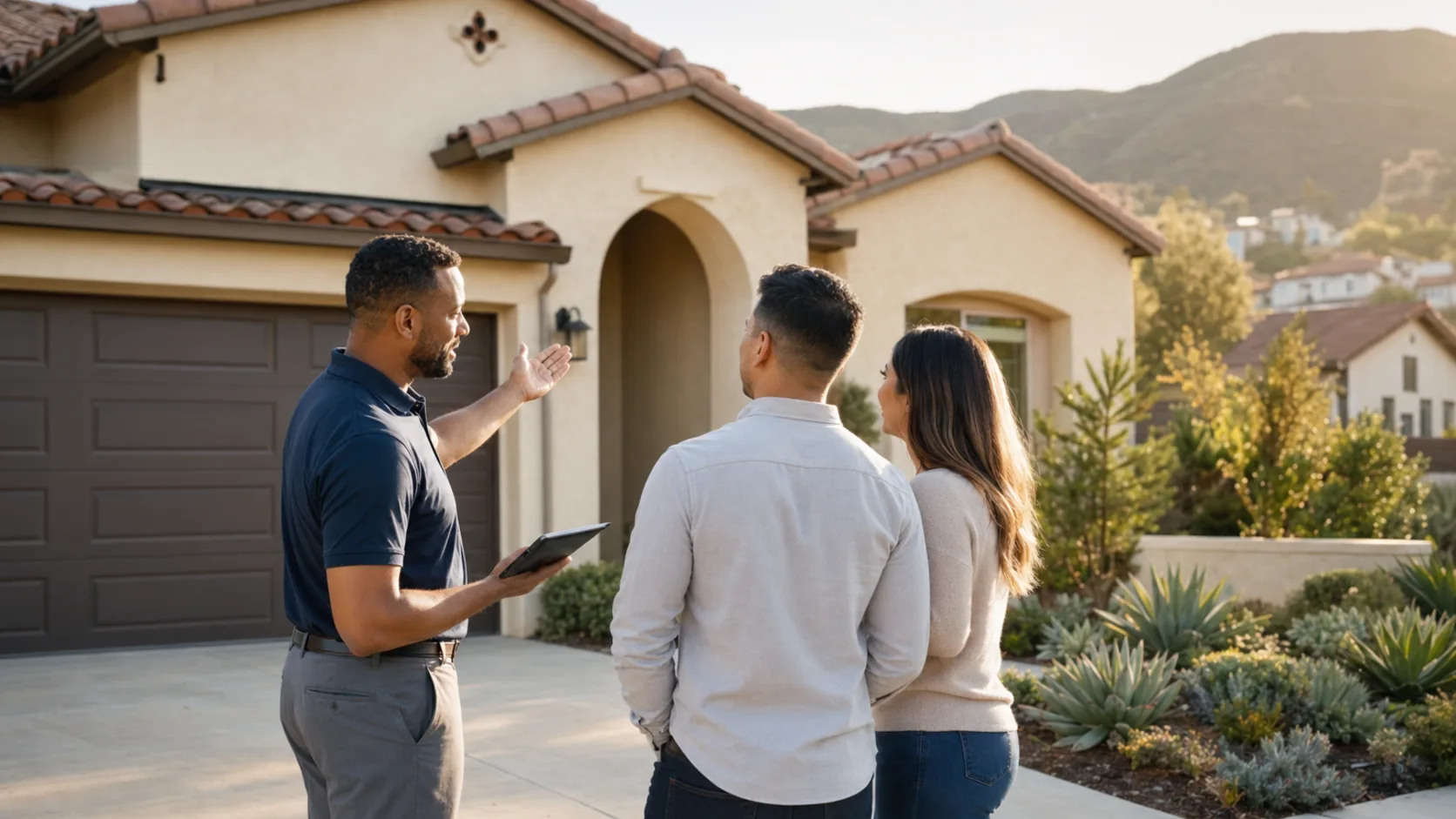 A professional appraisal discussion outside a Southern California stucco home with foothills nearby.