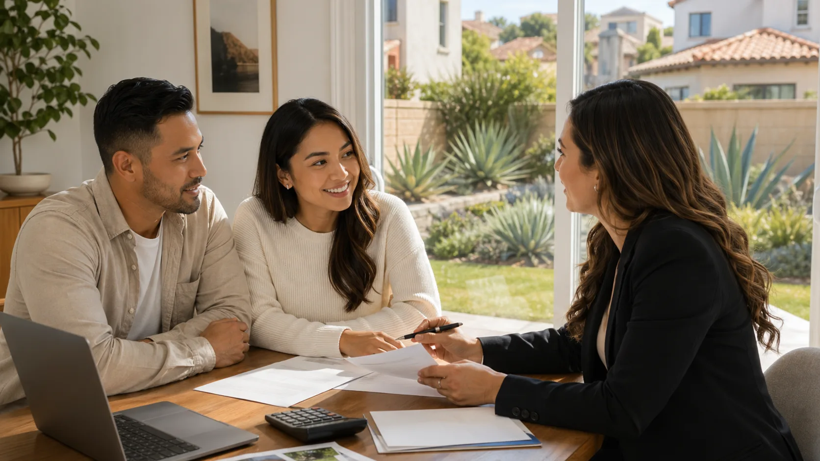 Home buyers and an advisor comparing seller credit and payment options in a Southern California home.