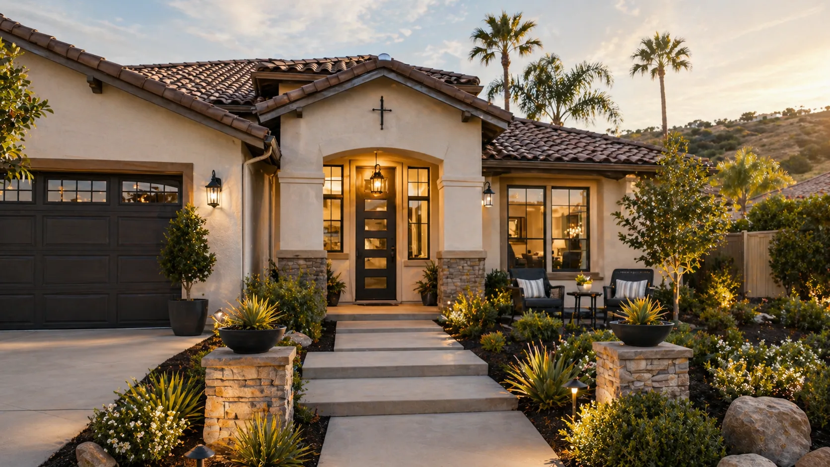 A prepared Southern California home exterior with warm evening light and polished landscaping.