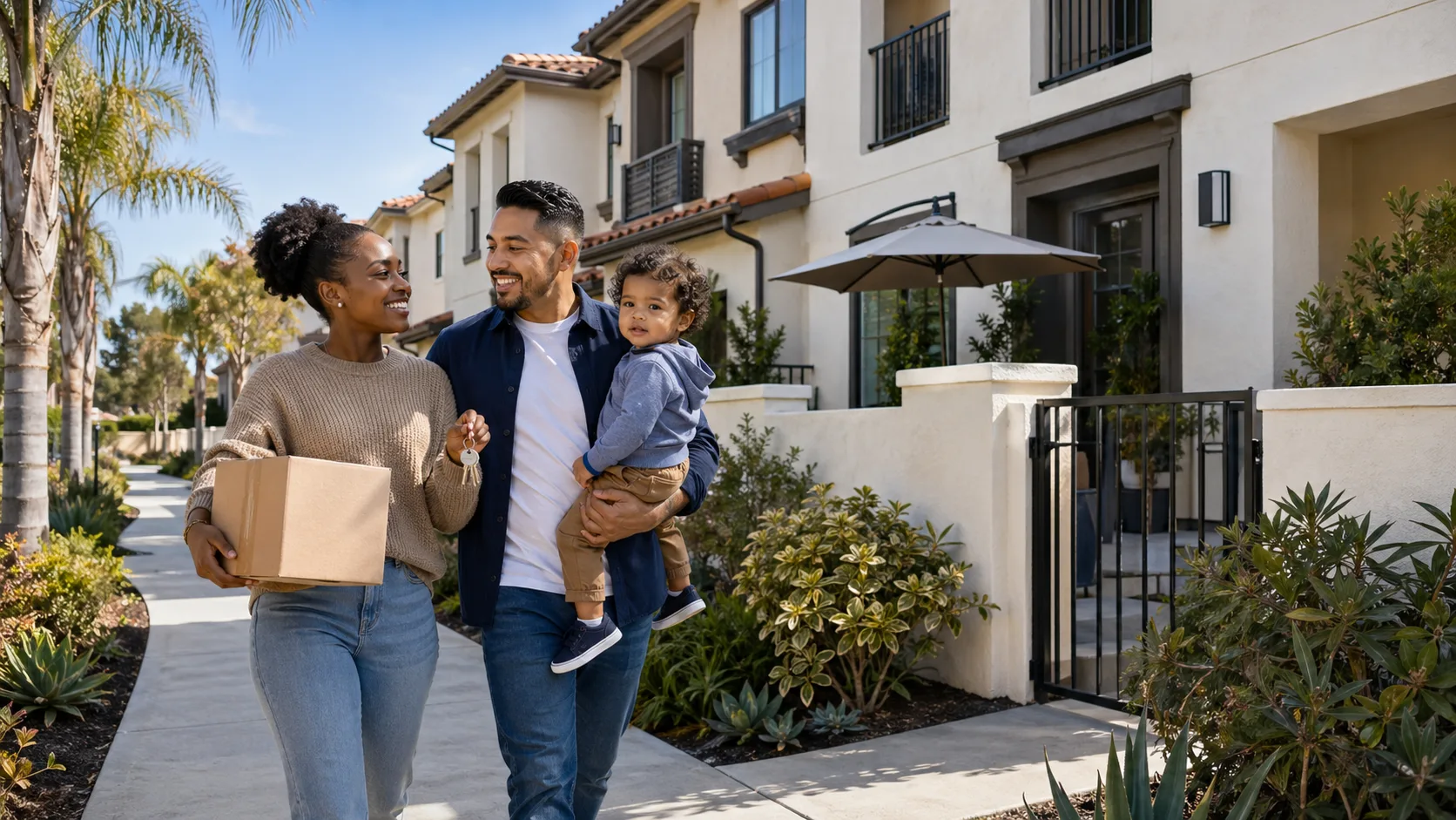 A family walking through a Southern California townhome community with HOA landscaping.